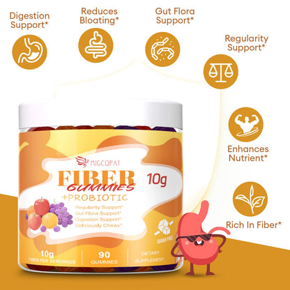 Migcopat 10G Fiber Gummies with Probiotics, Fiber Supplement with 30 Billion CFU Probiotics Blend, ACV, Vitamin C, Inulin - Support Digestive Health - No Sugar Added - Fruit Flavored - 90 Count