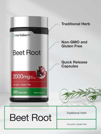Horbäach Beet Root Powder Capsules | 220 Pills | Herbal Extract | Non-GMO, Gluten Free Supplement
