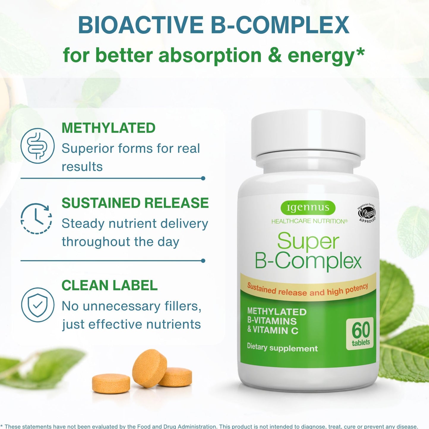 Igennus High Absorption Super B-Complex Methylated & Active B Vitamins | Sustained Release, Clean Label, Energy, Mood & Cognitive Performance, Methylfolate & Methyl B12, Lab Verified, 60 Tablets