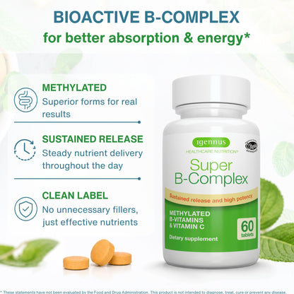 Igennus High Absorption Super B-Complex Methylated & Active B Vitamins | Sustained Release, Clean Label, Energy, Mood & Cognitive Performance, Methylfolate & Methyl B12, Lab Verified, 60 Tablets