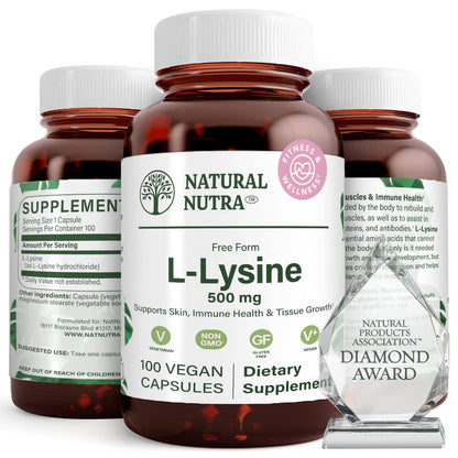 Natural Nutra L Lysine HCl Supplement, Vegan, 500 mg, 250 Capsules | Promotes Bone Health & Growth, Supports Skin Health, Improves Vitamin C Absorption, Improves Calcium Absorption, Non-GMO