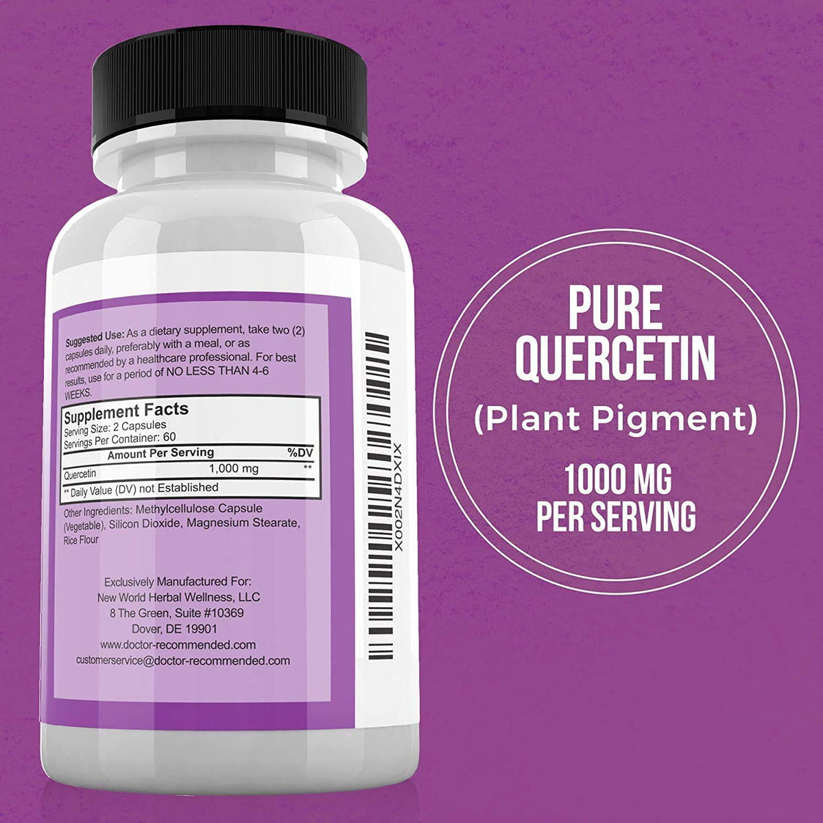 DOCTOR RECOMMENDED SUPPLEMENTS Quercetin 1000mg Per Serving - 120 Veggie Capsules, Vitamin Supplement, 60 Day Supply, (Vegan and Non-GMO)