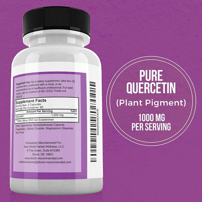 DOCTOR RECOMMENDED SUPPLEMENTS Quercetin 1000mg Per Serving - 120 Veggie Capsules, Vitamin Supplement, 60 Day Supply, (Vegan and Non-GMO)