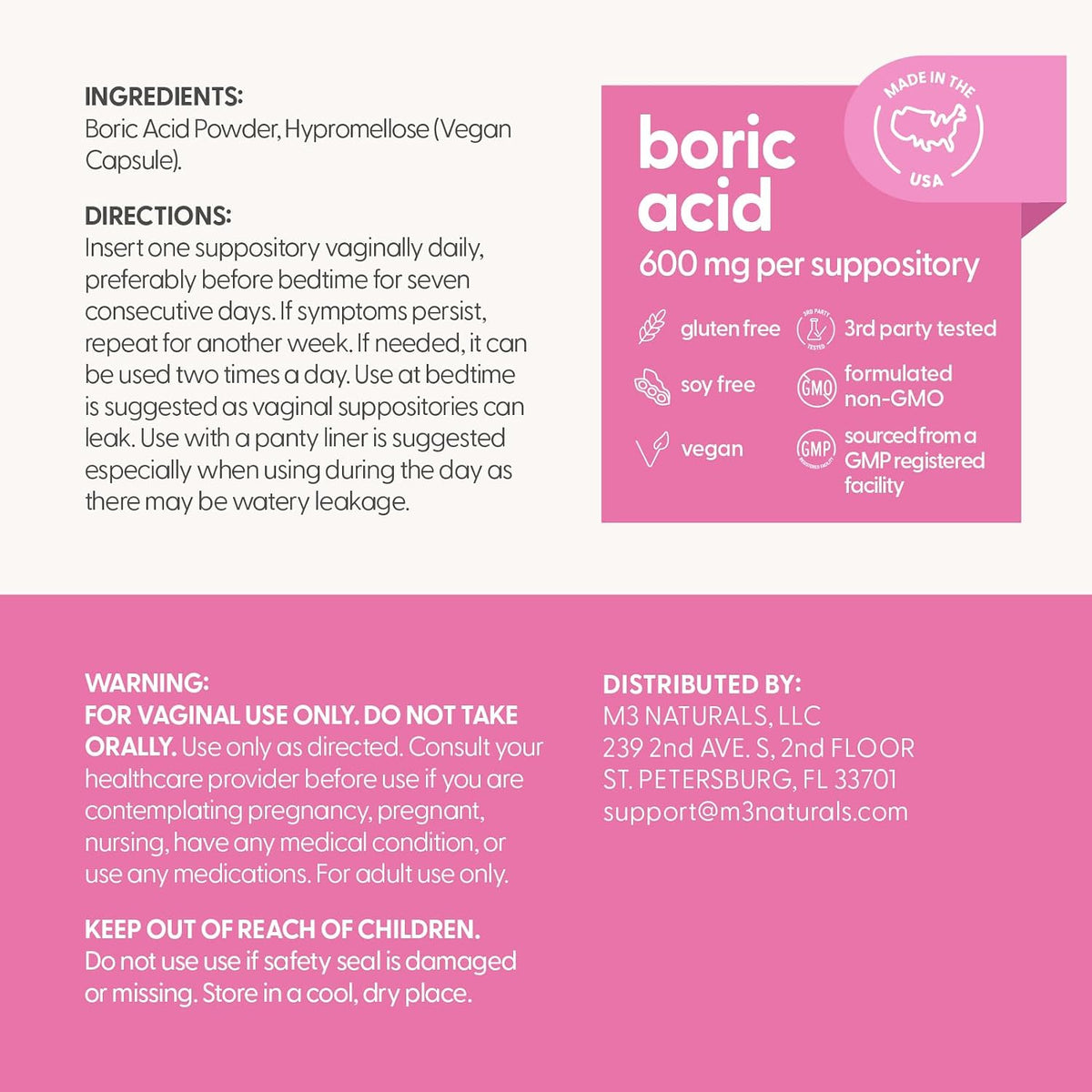 Boric Acid Suppositories for Women, Clean Formula, 600 mg, 30 Count by M3