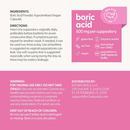 Boric Acid Suppositories for Women, Clean Formula, 600 mg, 30 Count by M3