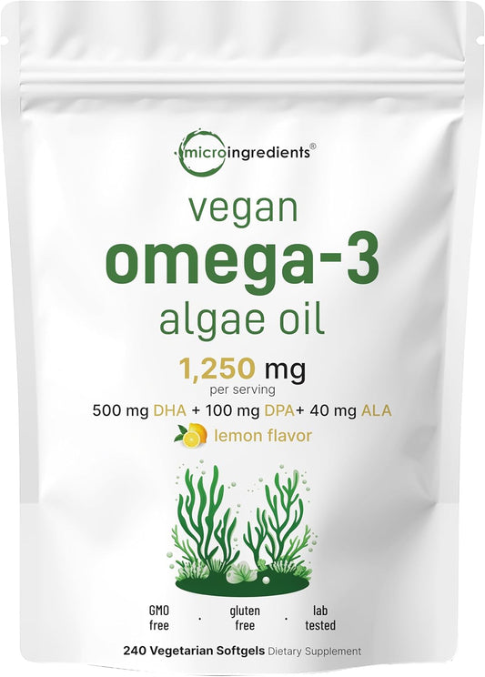 Micro Ingredients Vegan Omega 3 Algae Oil, 240 Veggie Softgels | Fish Oil Alternative | DHA 500mg & DPA 100mg | Carrageenan Free | Plant-Based Omega 3 with Flaxseed & ALA | Lemon Flavored
