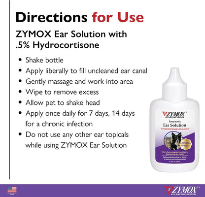 ZYMOX Enzymatic Ear Solution with 0.5-Percent Hydrocortisone | for Dog & Cat, 1.25 oz