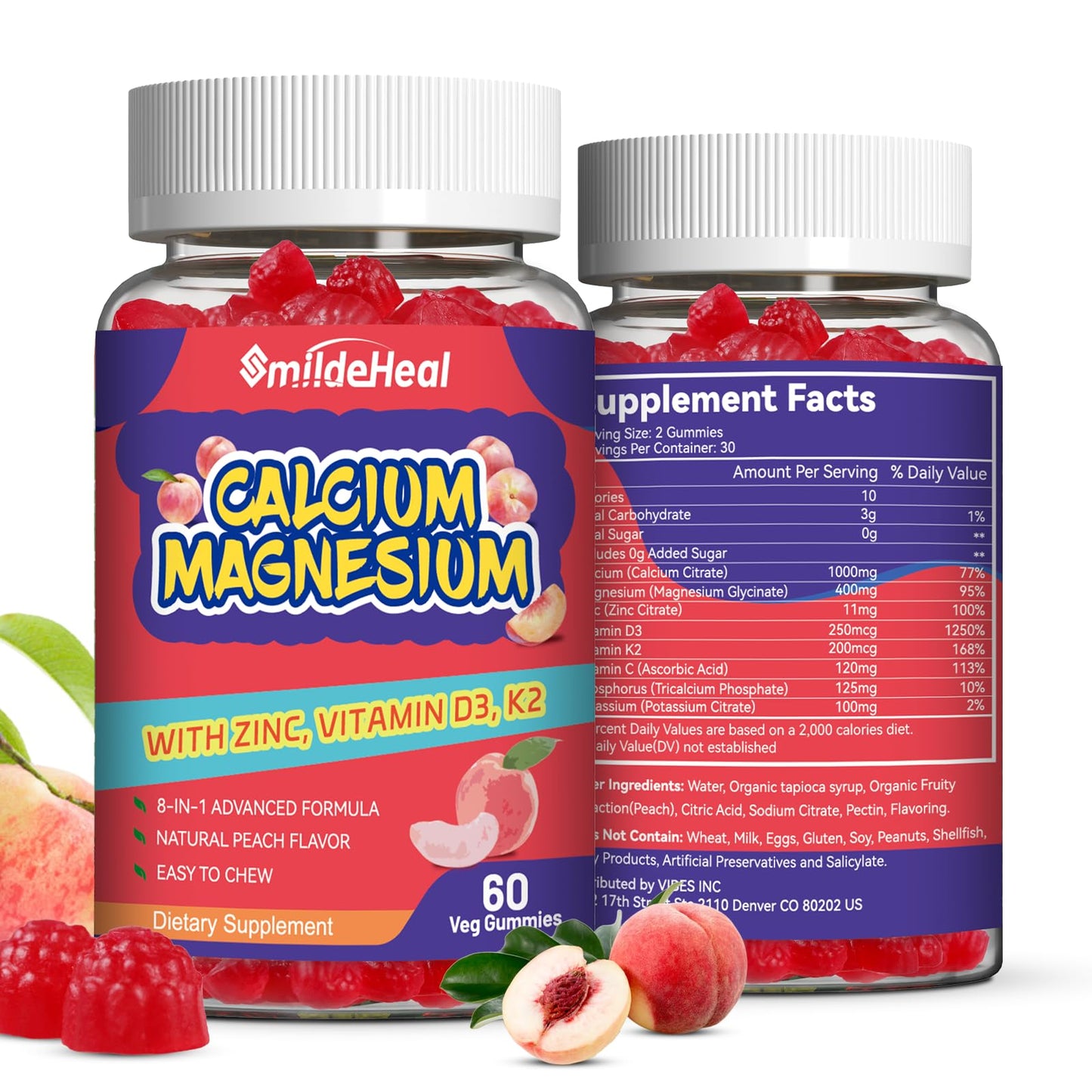 Calcium Magnesium Gummies 600MG, Calcium Magnesium Zinc Gummies with Vitamin D3 - High Absorption Complex Calcium Supplement, Vegan, 60 Counts