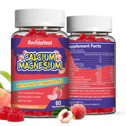 Calcium Magnesium Gummies 600MG, Calcium Magnesium Zinc Gummies with Vitamin D3 - High Absorption Complex Calcium Supplement, Vegan, 60 Counts