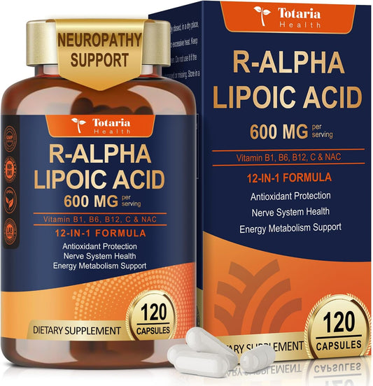 Totaria R Alpha Lipoic Acid 600mg - Stabilized ALA Supplement for Neuropathy Support Capsules, Nerve Health, Nervous System and Antioxidant, Non-GMO, Gluten Free, Vegan Safe 120 Counts