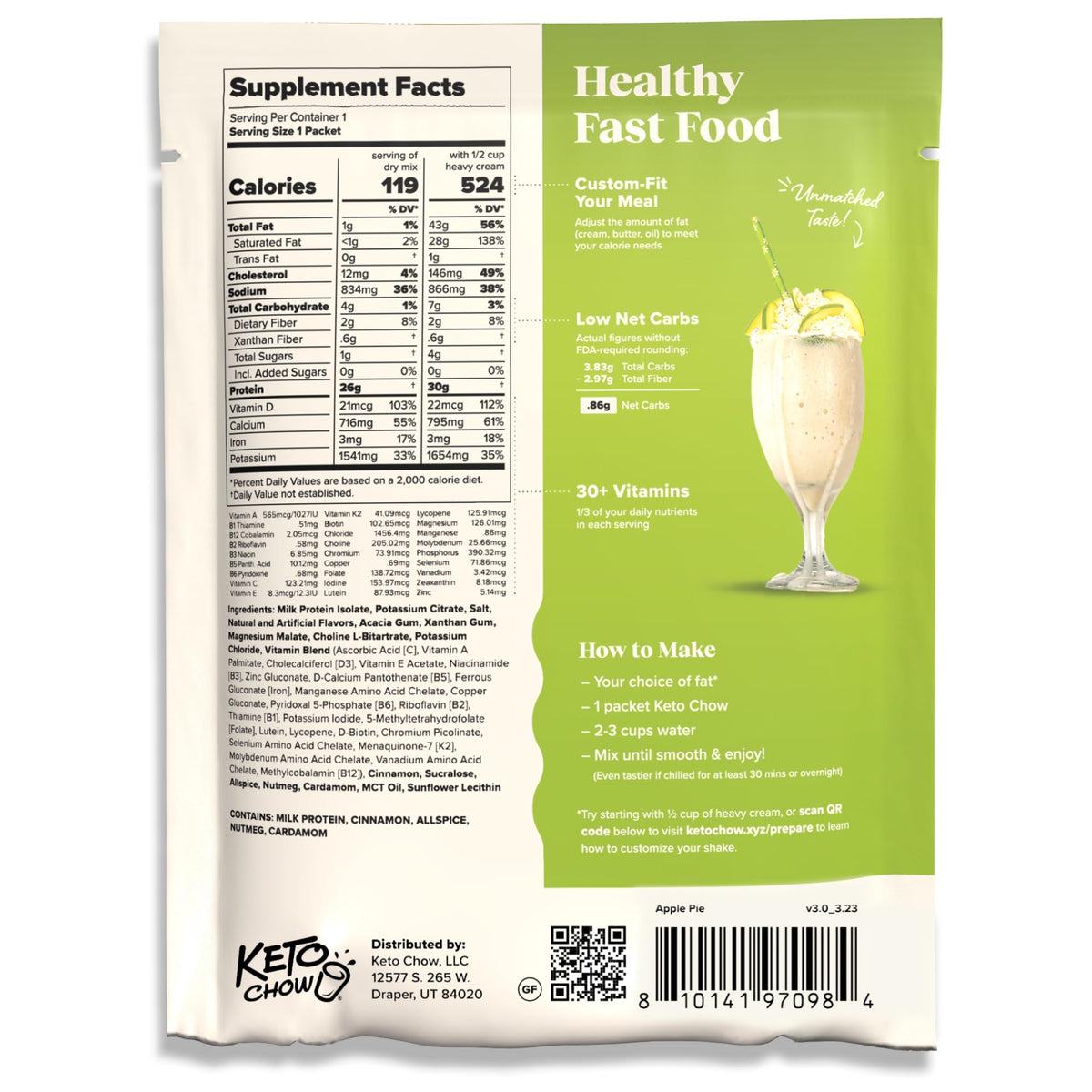 Keto Chow Chocolate Peanut Butter Meal Replacement Shake Powder, 3 Meals