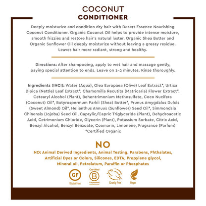 Desert Essence Coconut Conditioner - 8 fl oz - Nourishing for dry hair, smooth frizz and restore moisture and shine with Organic Coconut Oil, Shea Butter, and Sunflower Oil | B002V2M7OC