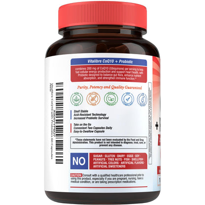 Vitalibre CoQ10 200 mg, with Probiotics for Women & Men, 50 Billion CFU, High Absorption Ubiquinone, Heart & Gut Energy Support, Powerful Antioxidant, Easy to Swallow, 60 Vegan Capsules