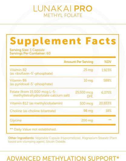 Lunakai L Methyl Folate 15mg Plus B2, B6 & Methyl B12 - Active 5-MTHF Form | USA Made, High Potency L-MethylFolate Supplement - Daily Brain, Mood & Energy Support, Non-GMO MTHFR, 60 ct