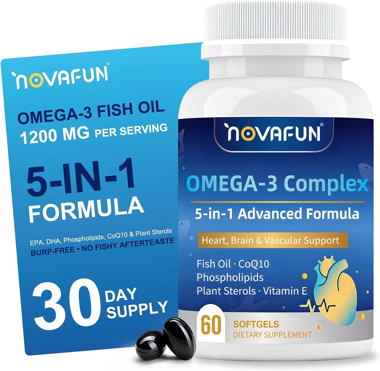 Omega 3 Fish Oil Supplements 1200mg - 984mg Omega-3 with CoQ10, Phospholipids & Plant Sterols - Heart & Brain Support for Men & Women - 60 Mini Softgels
