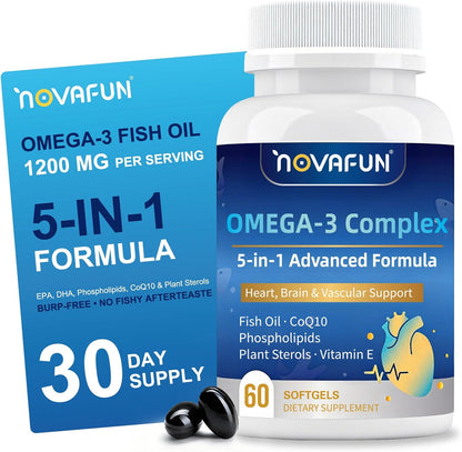 Omega 3 Fish Oil Supplements 1200mg - 984mg Omega-3 with CoQ10, Phospholipids & Plant Sterols - Heart & Brain Support for Men & Women - 60 Mini Softgels