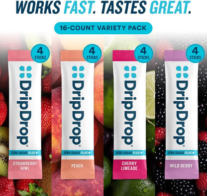 DripDrop Hydration Zero Sugar Plus Electrolyte Packets, Bundle, 32 Ct | Raspberry Lemonade, Watermelon, Tangerine, Tropical Punch, Strawberry Kiwi, Peach, Cherry Limeade, Wild Berry; Sugar Free