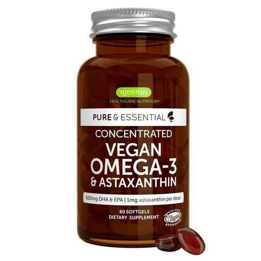 Igennus Vegan Omega-3 Algae Oil, IAOS Certified Pure, 400mg DHA & 200mg EPA per Serving, Triglyceride Form, Supports Brain & Heart Health, with Astaxanthin, 60 Small Softgels (30 Servings)