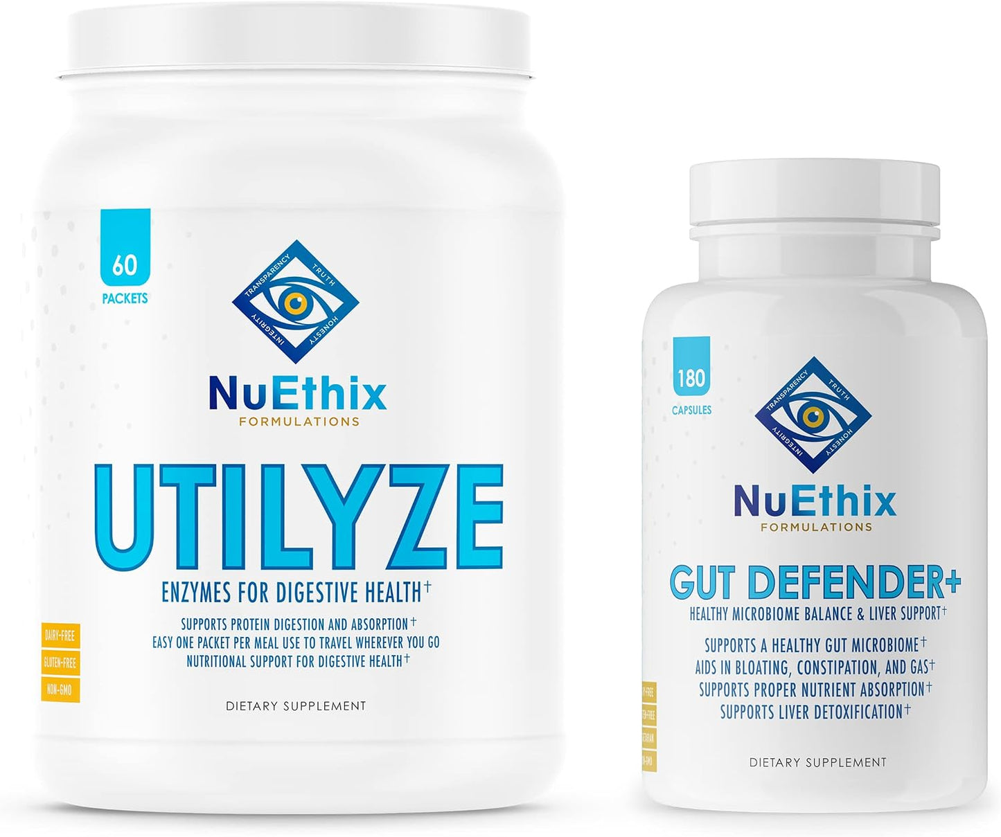 NuEthix Formulations Microbiome Balance and Digestive Wellness Supplement Bundle of Gut Defender+, 90 Servings and Utilyze, 60 Travel Packets