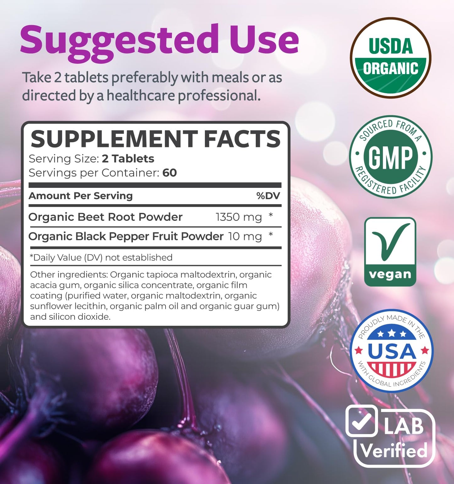 USDA Organic Beet Root Powder (120 Tablets) 1350mg Beets Per Serving with Black Pepper for Extra Absorption - Super Antioxidant and Nitrate Supplement for Athletic Performance and Stamina- No Capsules