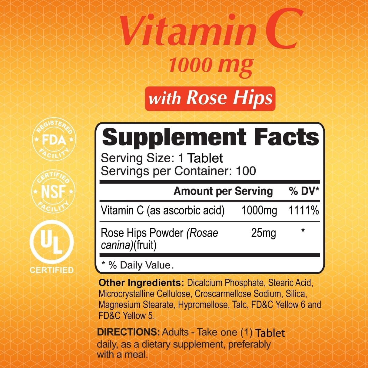 ALFA VITAMINS Vitamin C with Rose Hips with 1000 mg Vitamin C per Serving - Antioxidant & Immune Support + Supports Healthy Skin & Joints - Non GMO, Vegan, Gluten Free, Dairy Free - 100 Tablets