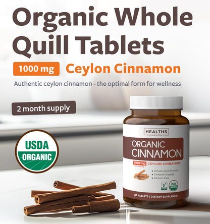 USDA Organic Ceylon Cinnamon Pills - High Potency Ceylon Cinnamon Supplement with 1000mg per Serving for Full Body Antioxidant Support - Vegan Non-GMO cGMP Made & Lab Verified (2 Months Supply)