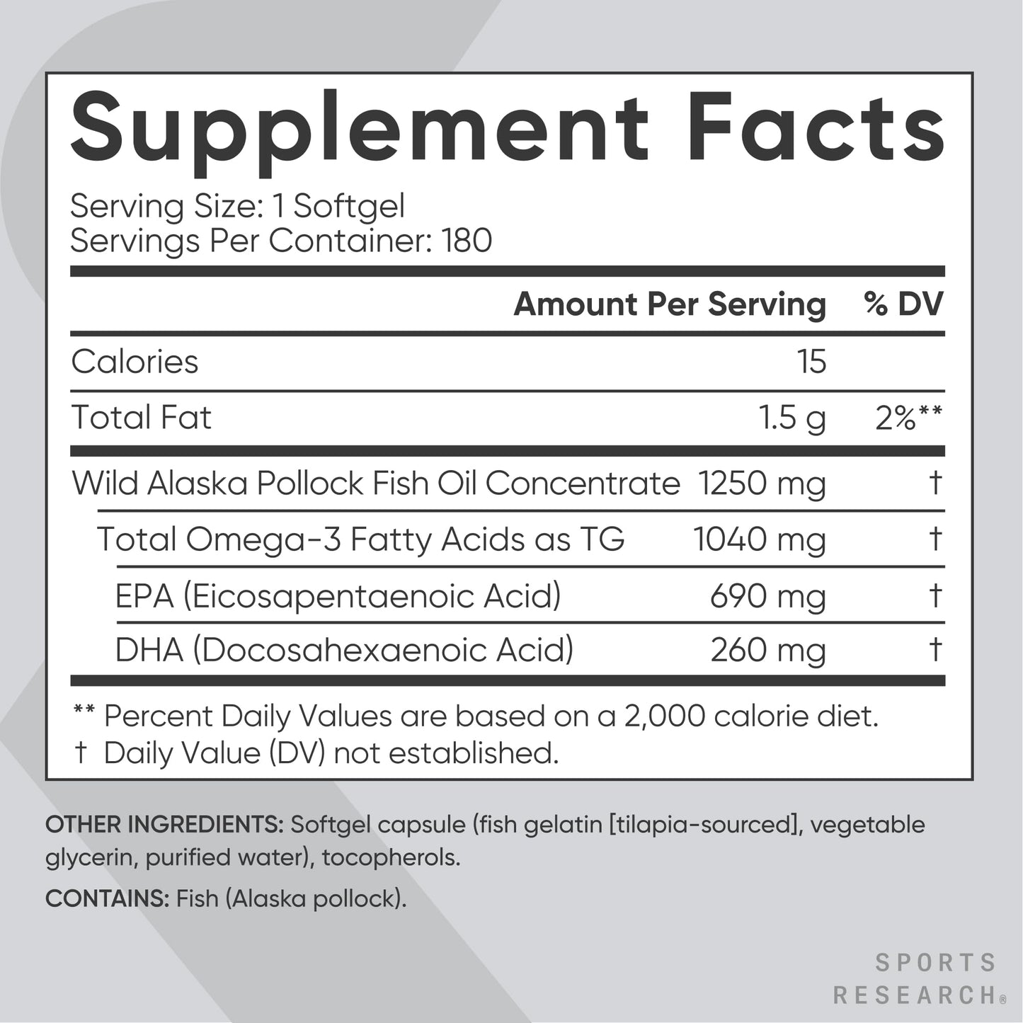Sports Research® Omega-3 Fish Oil 1250 - Triple Strength Fish Oil Supplement from Wild Alaska Pollock - MSC Certified Sustainable · Non-GMO · Soy Free - 90 Softgel Capsules