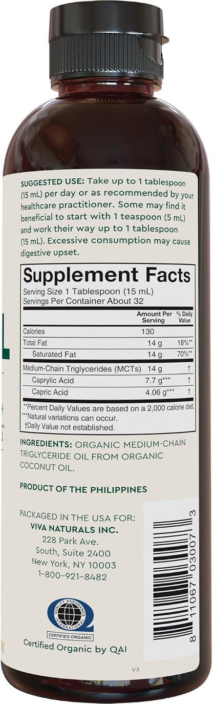 Viva Naturals Organic MCT Oil, 16 fl oz – MCT Oil for Coffee, USDA Organic, Non-GMO, Paleo Certified & Keto Friendly, Supports Energy & Mental Clarity