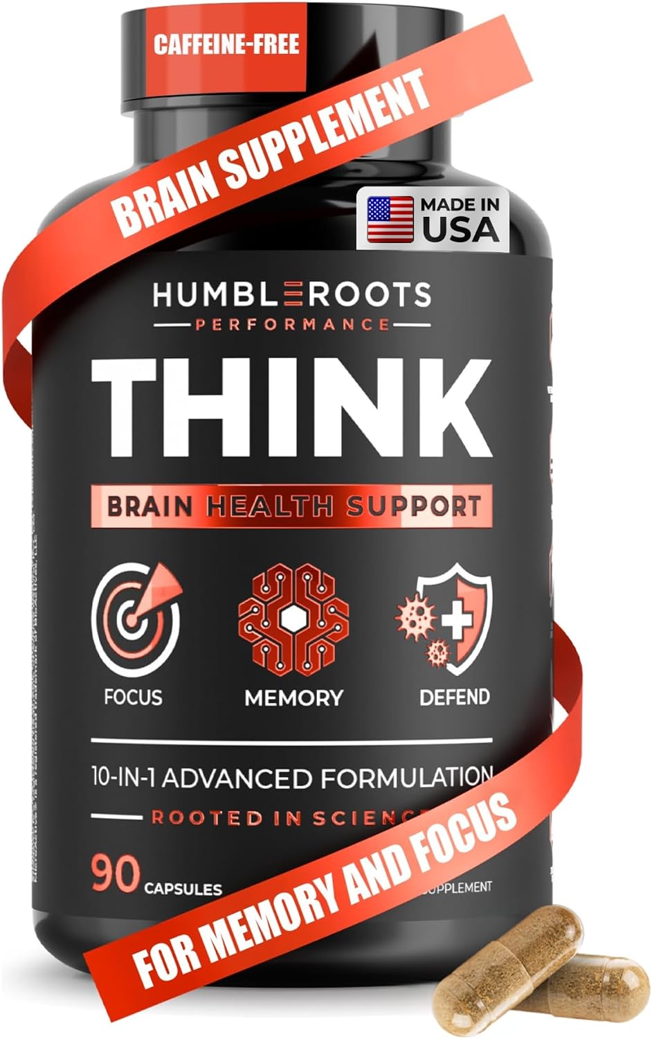 All-Natural Brain Supplement for Memory and Focus - Caffeine-Free Long-Term Cognitive Support - 10 Nootropic Ingredients Including Lion’s Mane, Bacopa, Turmeric, Ginkgo & Huperzine A - 90 Capsules
