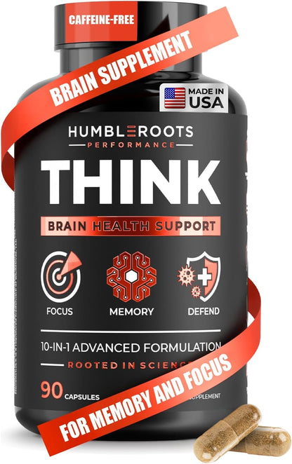 All-Natural Brain Supplement for Memory and Focus - Caffeine-Free Long-Term Cognitive Support - 10 Nootropic Ingredients Including Lion’s Mane, Bacopa, Turmeric, Ginkgo & Huperzine A - 90 Capsules