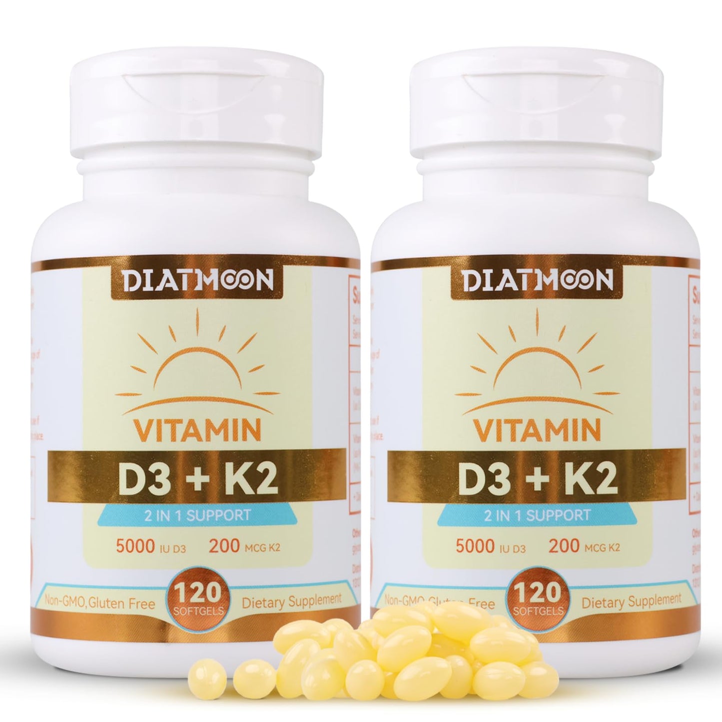 Vitamin D3 K2 Supplement Softgels, Vitamin D3 5000 IU & Vitamin K2 MK7 200 mcg, Bone & Teeth Support, Easy to Swallow - 120 Counts