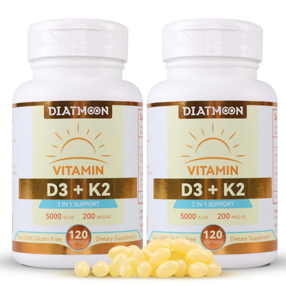 Vitamin D3 K2 Supplement Softgels, Vitamin D3 5000 IU & Vitamin K2 MK7 200 mcg, Bone & Teeth Support, Easy to Swallow - 120 Counts