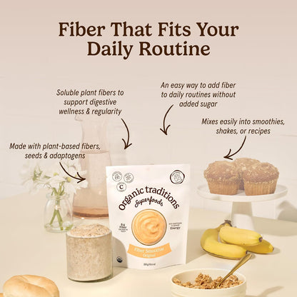 Organic Traditions Fiber Smoothie Original, Prebiotic Supplement with Chia, Flax, Chia, Flax, Psyllium, Acacia, Vitamin C and Superfood Blend, High Fiber Supplement for Digestive Health, 300g / 10.6oz