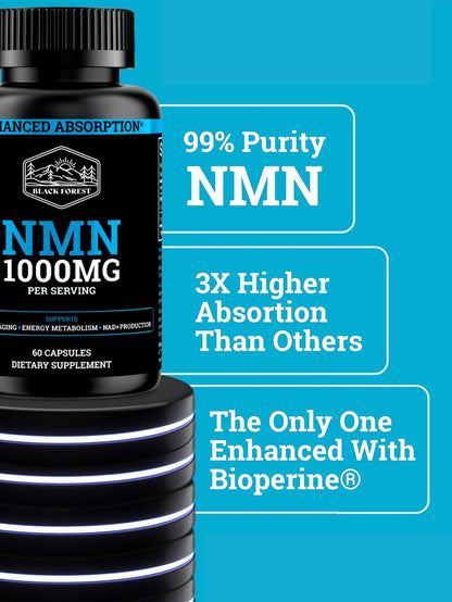 Black Forest NMN 1000mg NAD Support Supplement and Turkesterone 500mg Strength Performance Bundle with BioPerine Enhanced Absorption