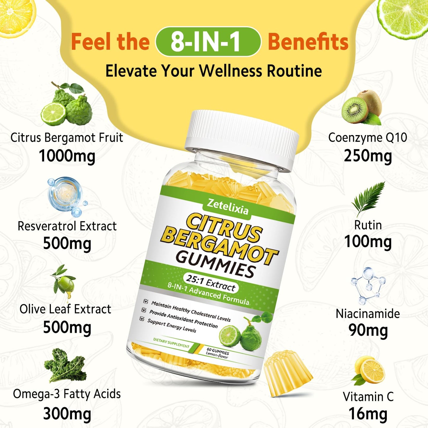 2 Pack Citrus Bergamot Gummies, Citrus Bergamot Supplement for High Cholesterol, Cholesterol Lowering Supplement for Heart, Immune System & Healthy Aging Support, Sugar Free, Lemon Flavor, 120 Cts