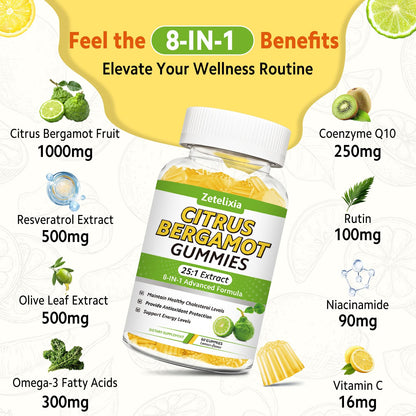 2 Pack Citrus Bergamot Gummies, Citrus Bergamot Supplement for High Cholesterol, Cholesterol Lowering Supplement for Heart, Immune System & Healthy Aging Support, Sugar Free, Lemon Flavor, 120 Cts