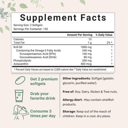 Micro Ingredients Antarctic Krill Oil Supplement, 1000mg Per Serving, 300 Soft-Gels