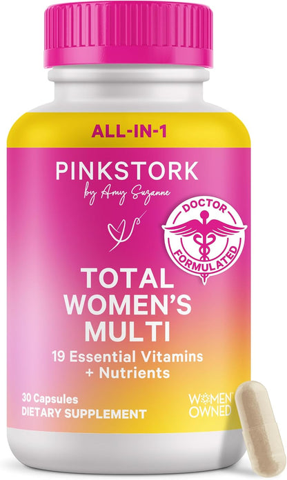 Pink Stork Total Women's Multivitamin - 19 Essential Vitamins for Women & Nutrients – Energy, Metabolism, Hormone, Immune & Mood Support – B6, B12, Biotin, Iron & Zinc – 30 Capsules