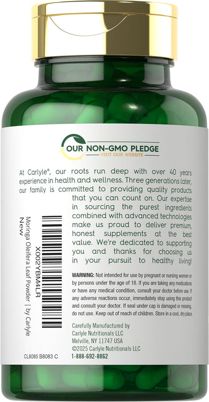 Carlyle Moringa Oleifera Supplement | 180 Capsules | Complete Green Superfood for Women and Men | From Moringa Leaf Powder | Non-GMO and Gluten Free