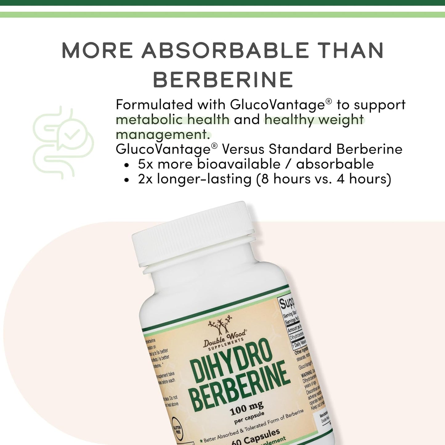 Dihydroberberine Supplement 100mg, 60 Capsules (Patented GlucoVantage Super Berberine, May be 5X More Effective Than Berberine with Less Side Effects) Third Party Tested, Vegan Safe by Double Wood
