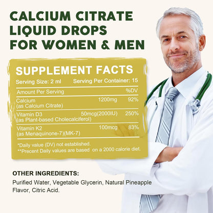 Calcium Citrate 1200 mg with Vitamin D3 Liquid Drops for Women & Men, Calcium Citrate with Vitamin D3 & K2 for Bone Muscle & Teeth- 2 Fl oz- 30 Day Vegan Supply