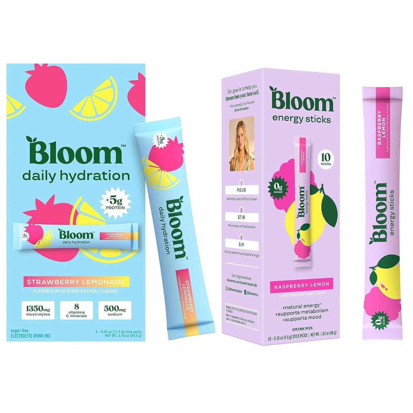 Bloom Energy Sticks RaspberryLemonade and Hydration Sticks Strawberry Lemonade Bundle