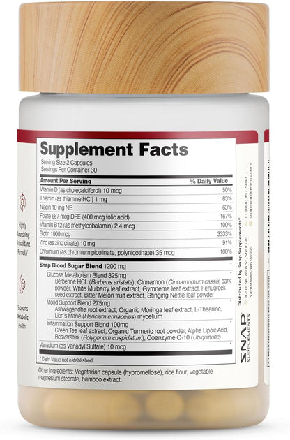 Snap Supplements Blood Sugar Blend with Berberine, CoQ10, 60 Vegan Capsules | Support Already Healthy Blood Sugar, Metabolic Health and Energy, Sugar Free, with CoQ10, Cinnamon (Packaging May Vary)