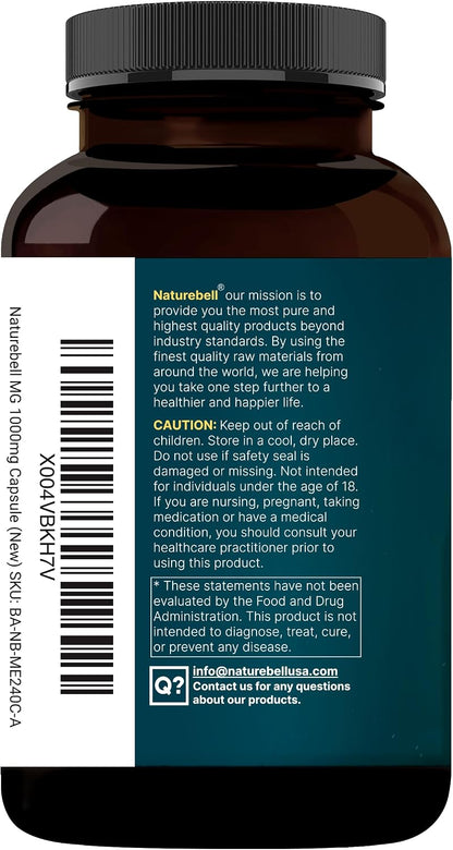 NatureBell Pure Magnesium Glycinate 1,000 mg, 240 Vegetarian Capsules | 1,000 mg Magnesium Glycinate Per Serving - Chelated Magnesium Form with Vitamin C – Non-GMO, Filler Free, cGMP Manufactured