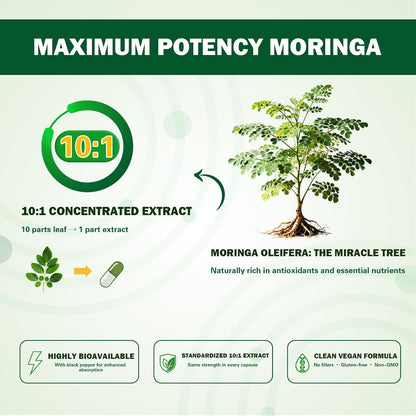 Organic Moringa Capsules 1000mg, 10:1 Leaf Extract Supplement with Turmeric & Black Pepper for Energy, Antioxidant, Immune Support, Vegan, 60 Capsules