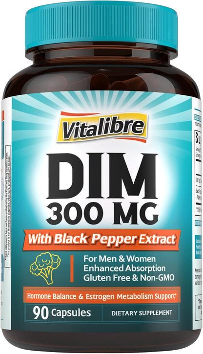 Vitalibre DIM Supplement for Women & Men, Estrogen Metabolism, Hormone Balance & Menopause Support, DIM 300 mg with Black Pepper Extract, High Absorption, 90 Capsules
