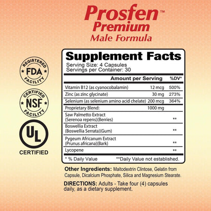 ALFA VITAMINS Prosfen Male Formula for Prostate Health, Immune Support with Saw Palmetto, Vitamin B12, Zinc & Selenium, Natural Supplement for Men, Supports Urinary Health, 120 Capsules