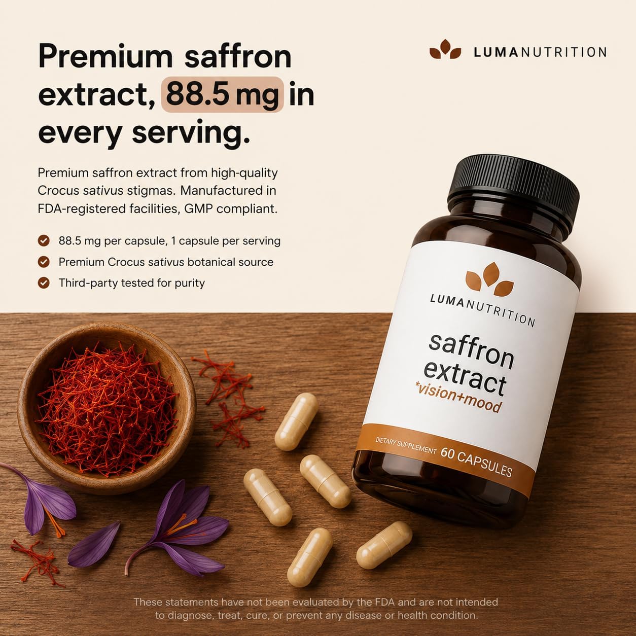 Luma Nutrition Saffron Supplement - Mood and Eye Support - 60 Capsules