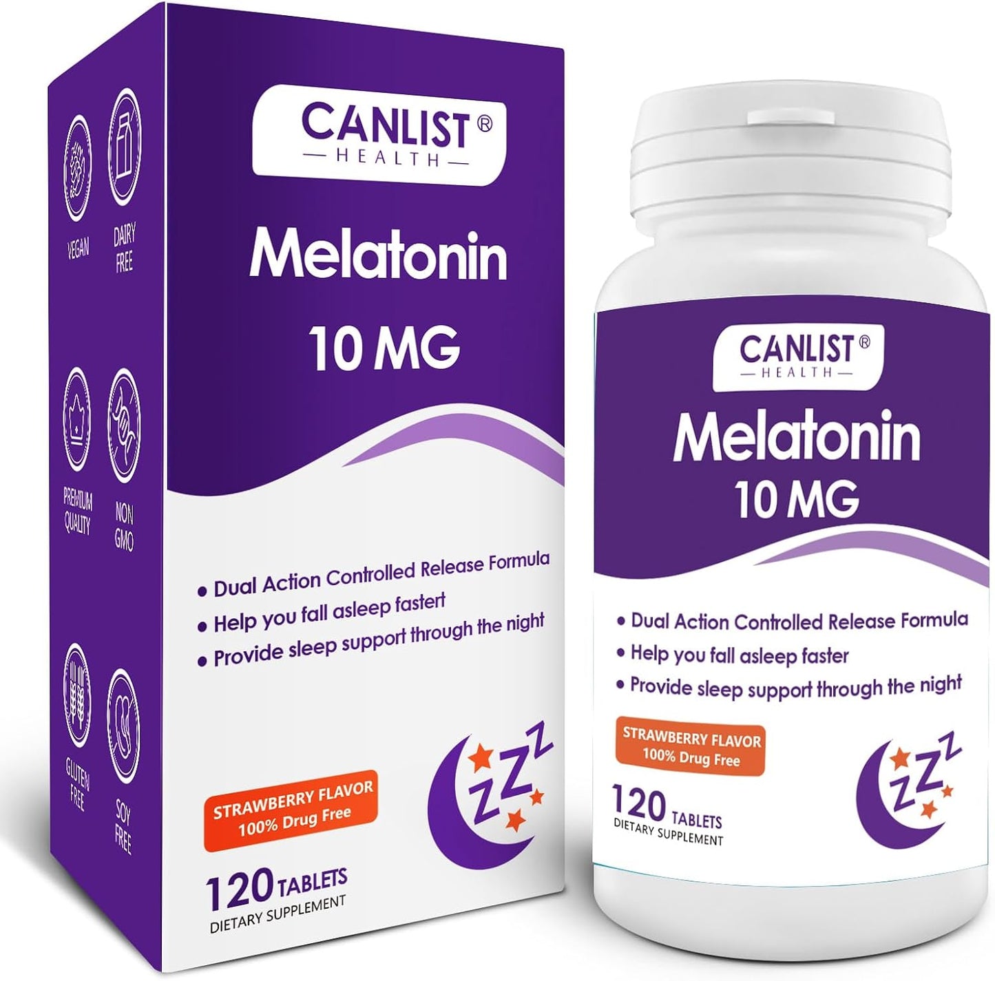 CANLIST Extra Strength Melatonin 10mg Tablets, Sleep Support, Fall Asleep Faster, Non-Habit Forming Sleep Aids for Adults, Sleep Cycle Regulation, Vegan, Non-GMO & Gluten-Free, 120 Tablets