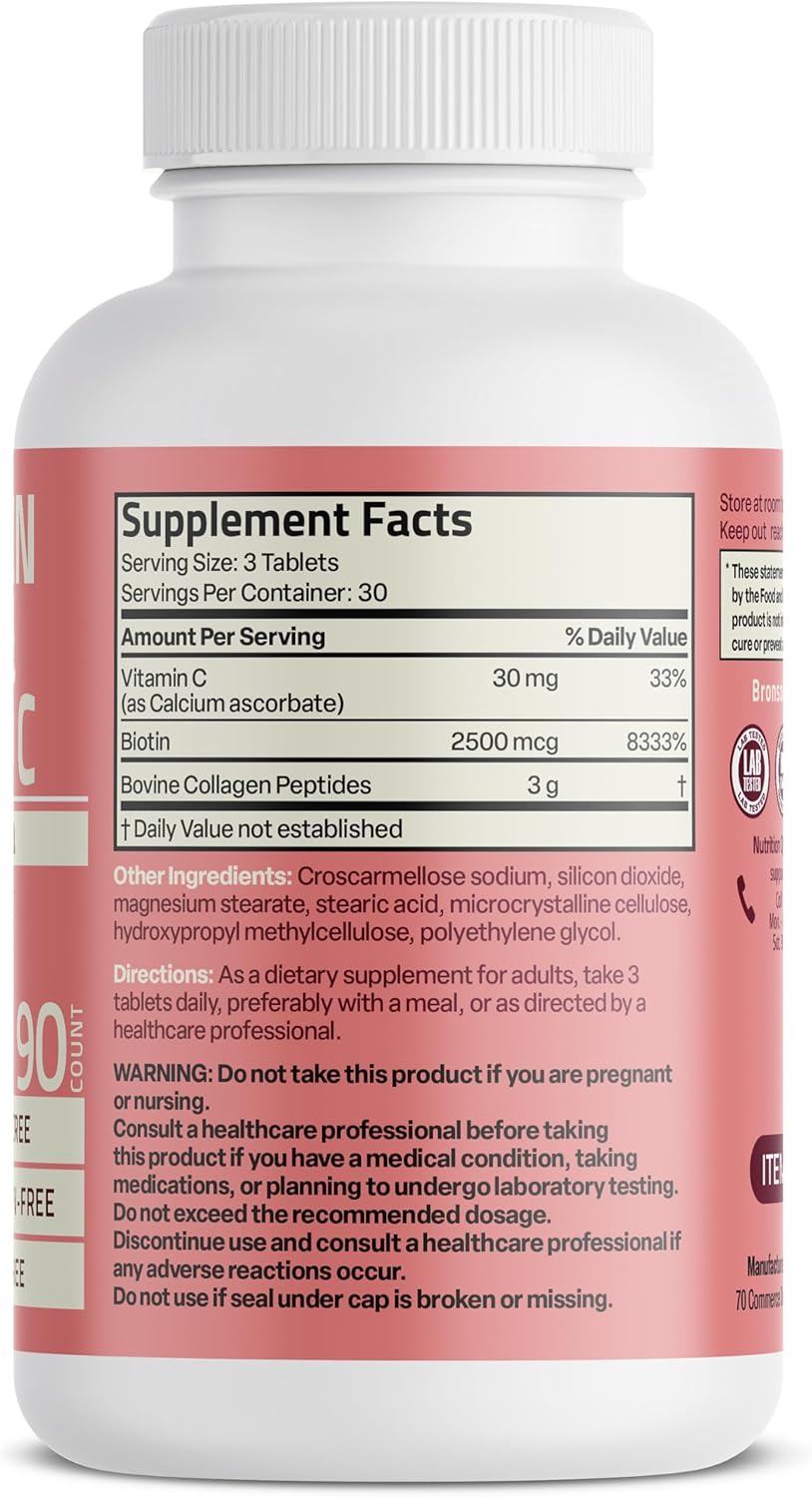 Bronson Collagen Peptides 3000mg with Biotin & Vitamin C, 90 Tablets | Hair, Skin & Nails Support, 3g Collagen per Serving, Non-GMO, Gluten-Free, Soy-Free